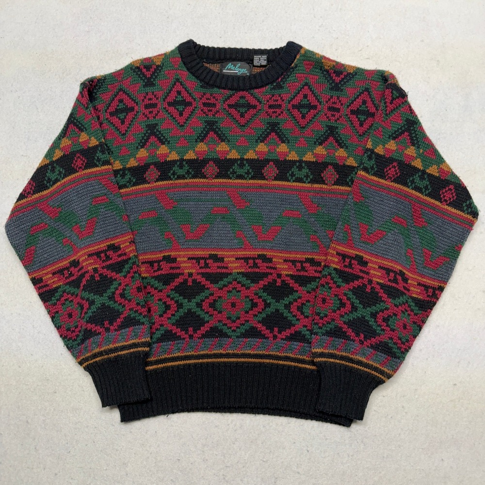 Vintage‎ 90s Melange Geometric Tribal Knit Sweater Mens Medium Black Red Green